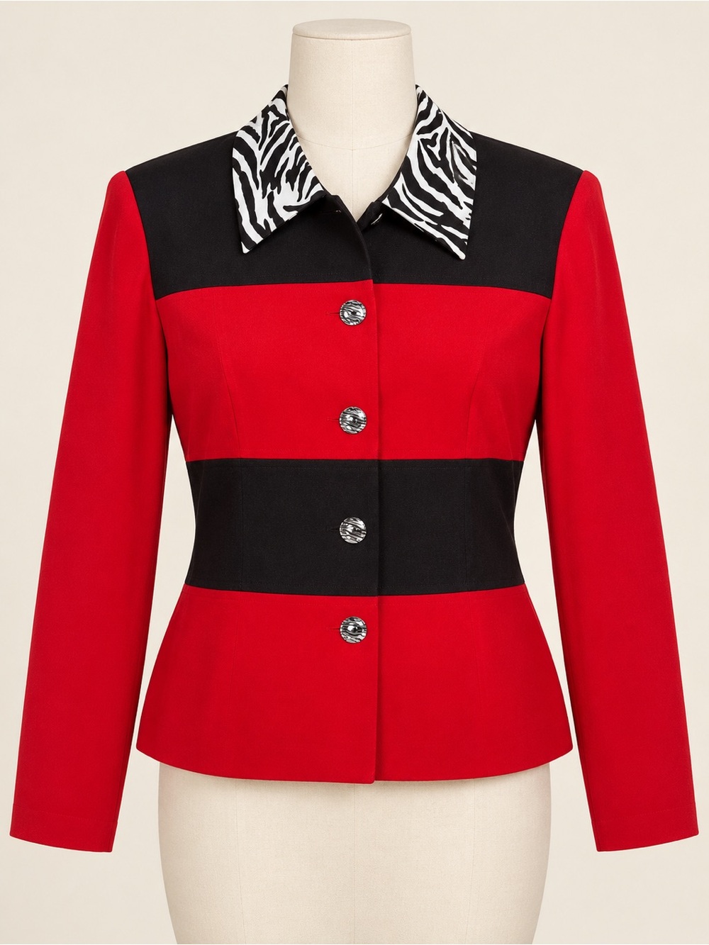 Studio C Red Black Zebra Collar Colorblock Jacket Size 2 Y2K